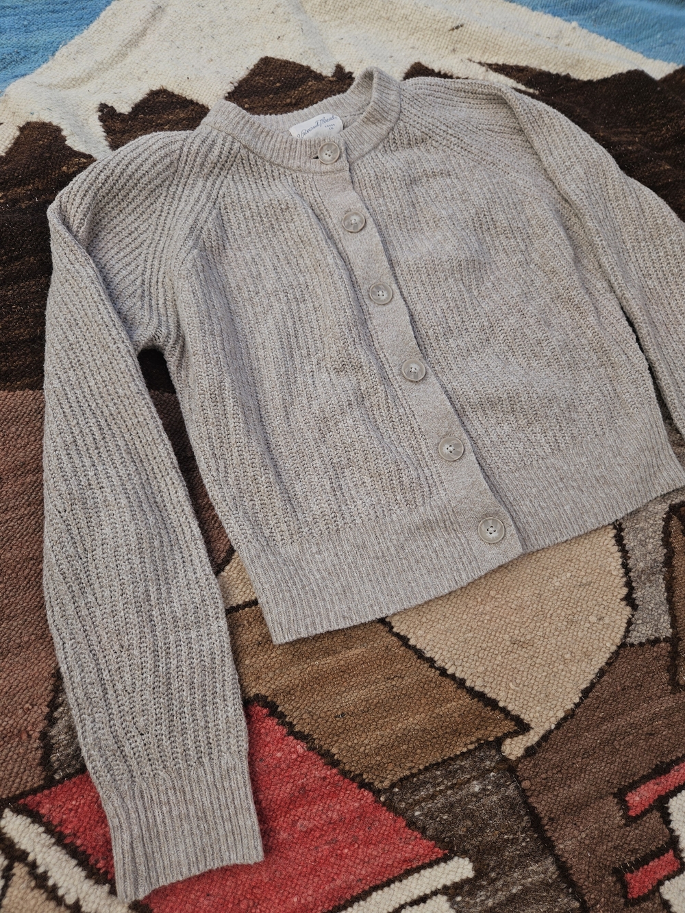 Cottagecore Rib Knit Cardigan Sweater Womens Small Oatmeal Button Front Cropped